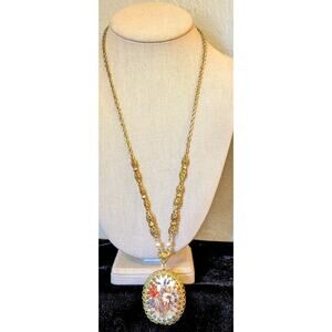 West Germany Vintage 60s Floral Print Sugar Glass Pendant Filigree 25" Necklace